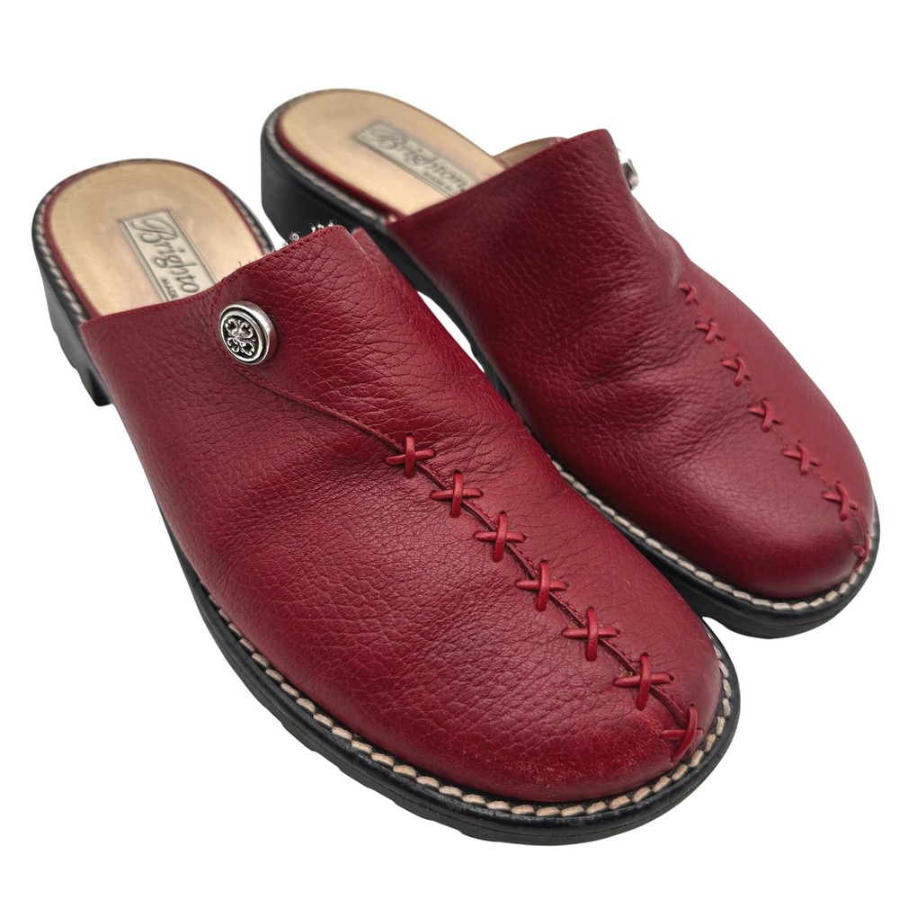 Vintage 90s Brighton Heidi Red Pebbled Leather Cross Stitch Clogs Mules 8M